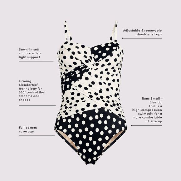 Land's End one piece swimsuit Bandeau slender suit black egret tossed dots Var - Picture 7 of 7